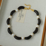 Black Ebony Wood & Freshwater Pearl Necklace - floysun