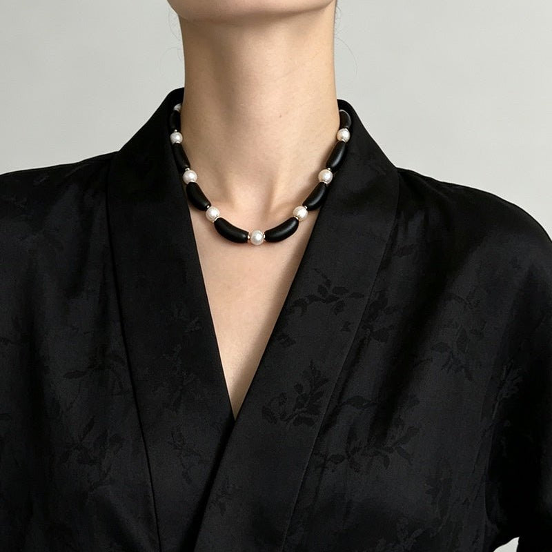 Black Ebony Wood & Freshwater Pearl Necklace - floysun