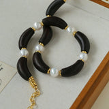 Black Ebony Wood & Freshwater Pearl Necklace - floysun