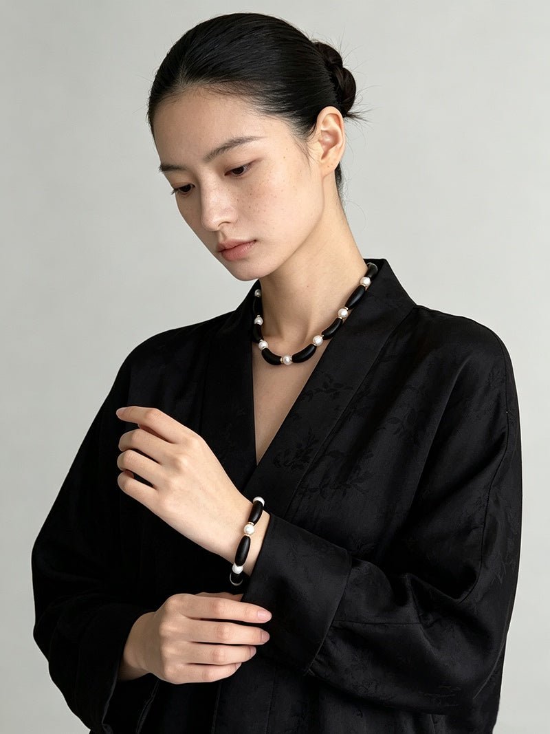 Black Ebony Wood & Freshwater Pearl Necklace - floysun