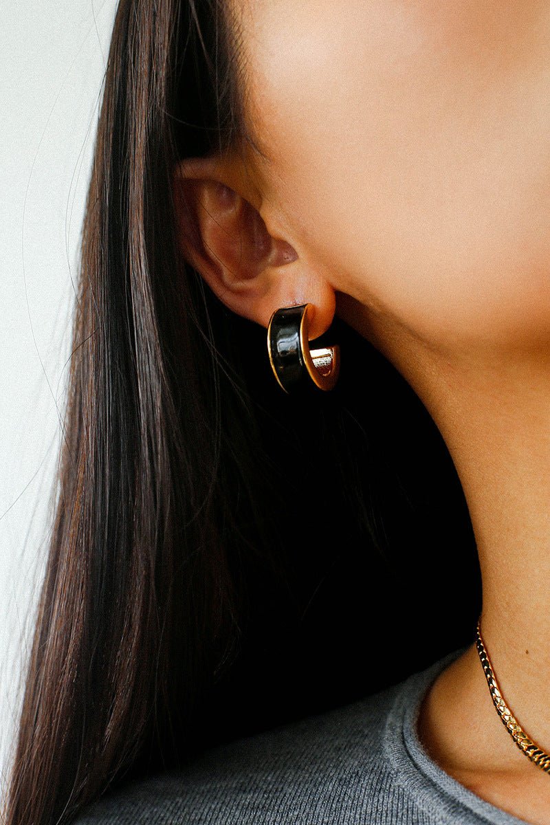 Black Enamel C - Shaped Hoop Earrings - floysun