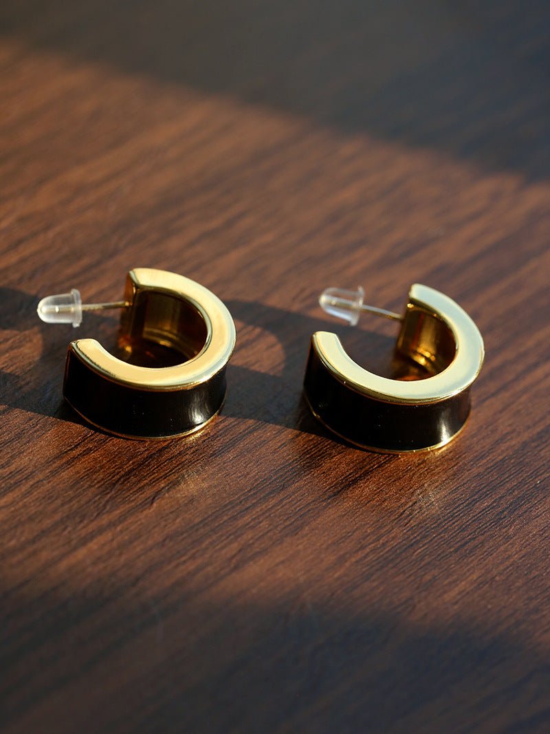 Black Enamel C - Shaped Hoop Earrings - floysun