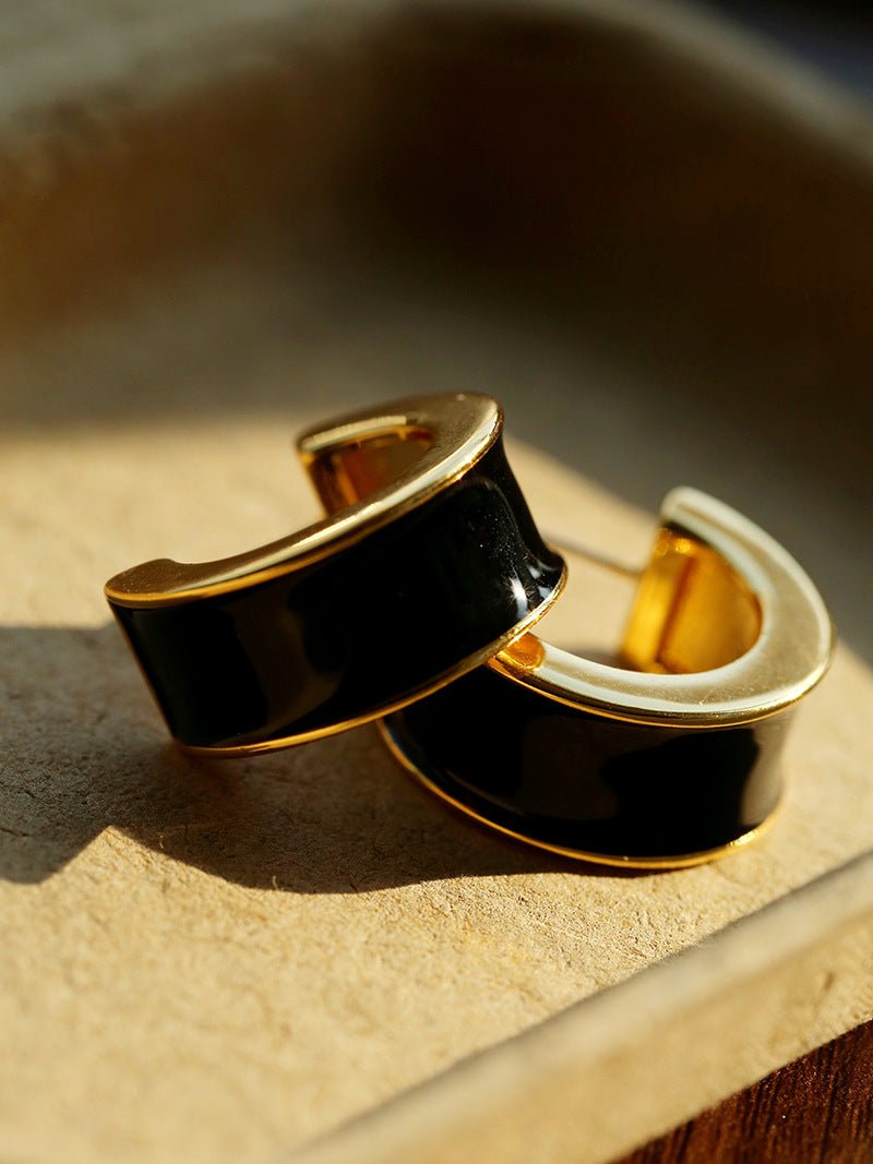 Black Enamel C - Shaped Hoop Earrings - floysun