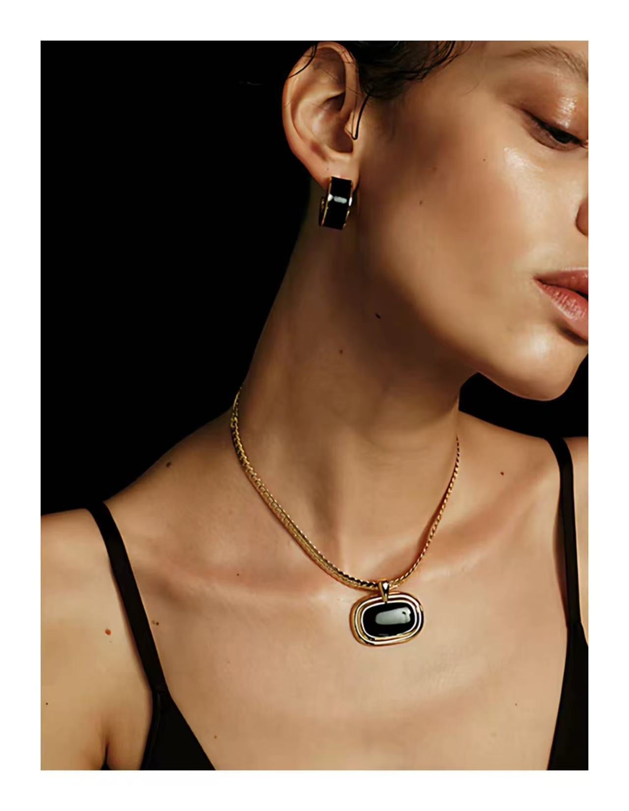 Black Enamel C - Shaped Hoop Earrings - floysun