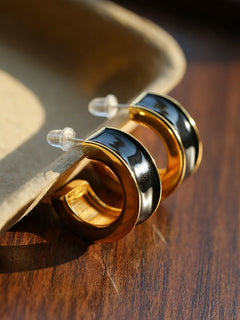 Black Enamel C - Shaped Hoop Earrings - floysun