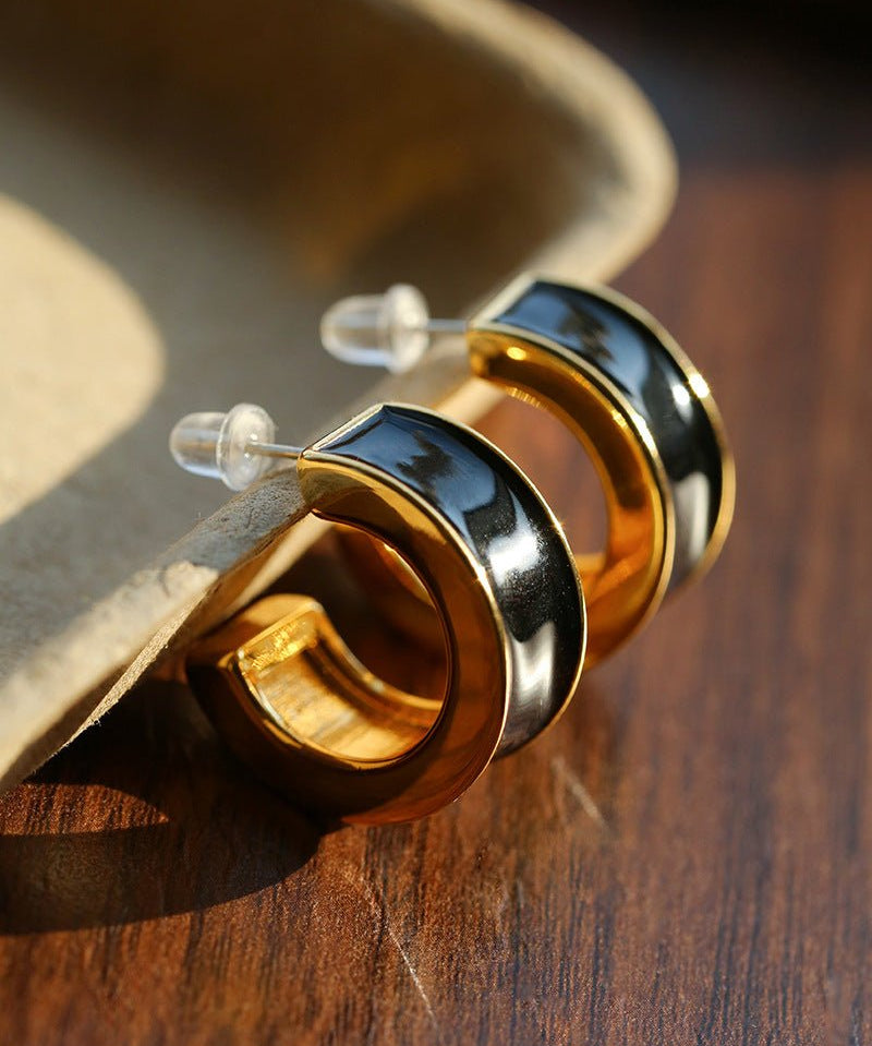 Black Enamel C - Shaped Hoop Earrings - floysun