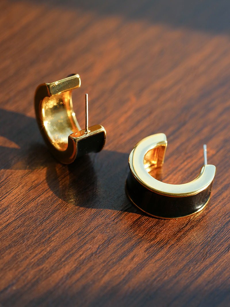 Black Enamel C - Shaped Hoop Earrings - floysun