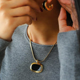 Black Enamel C - Shaped Hoop Earrings - floysun