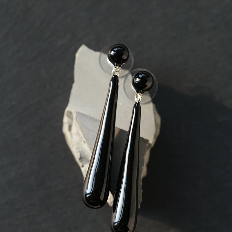 Black Enamel Geometric Bar Drop Earrings - floysun