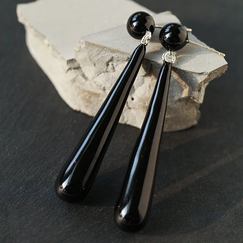 Black Enamel Geometric Bar Drop Earrings - floysun