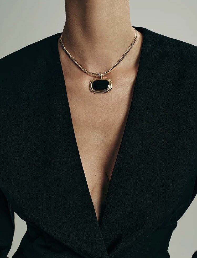 Black Enamel Square Pendant Necklace - floysun