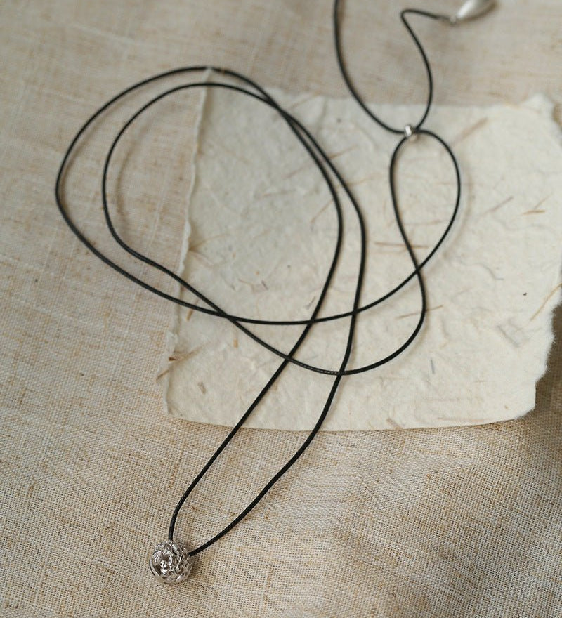 Black Leather Cord Pendant Necklace with Double Teardrop Silver Beads - floysun