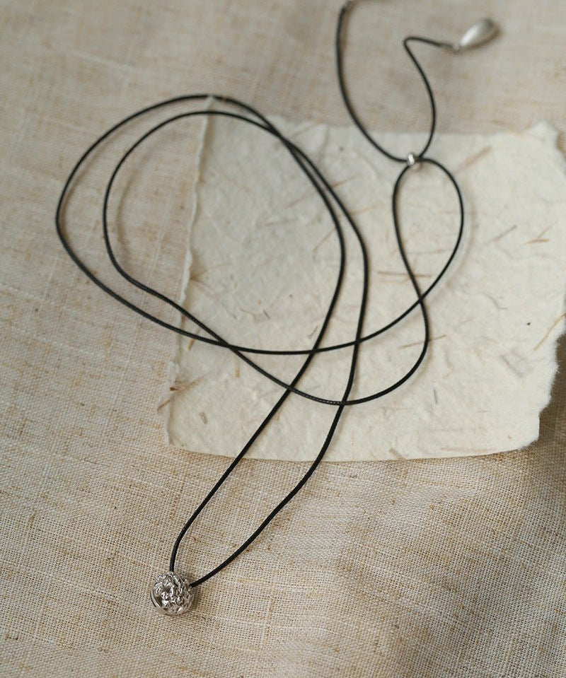 Black Leather Cord Pendant Necklace with Double Teardrop Silver Beads - floysun
