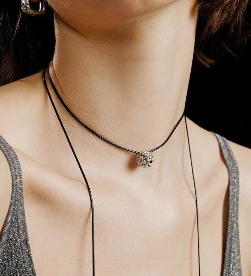 Black Leather Cord Pendant Necklace with Double Teardrop Silver Beads - floysun