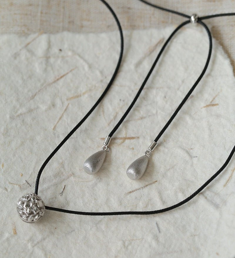 Black Leather Cord Pendant Necklace with Double Teardrop Silver Beads - floysun