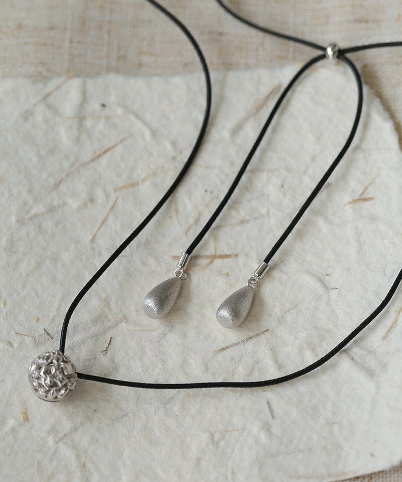 Black Leather Cord Pendant Necklace with Double Teardrop Silver Beads - floysun