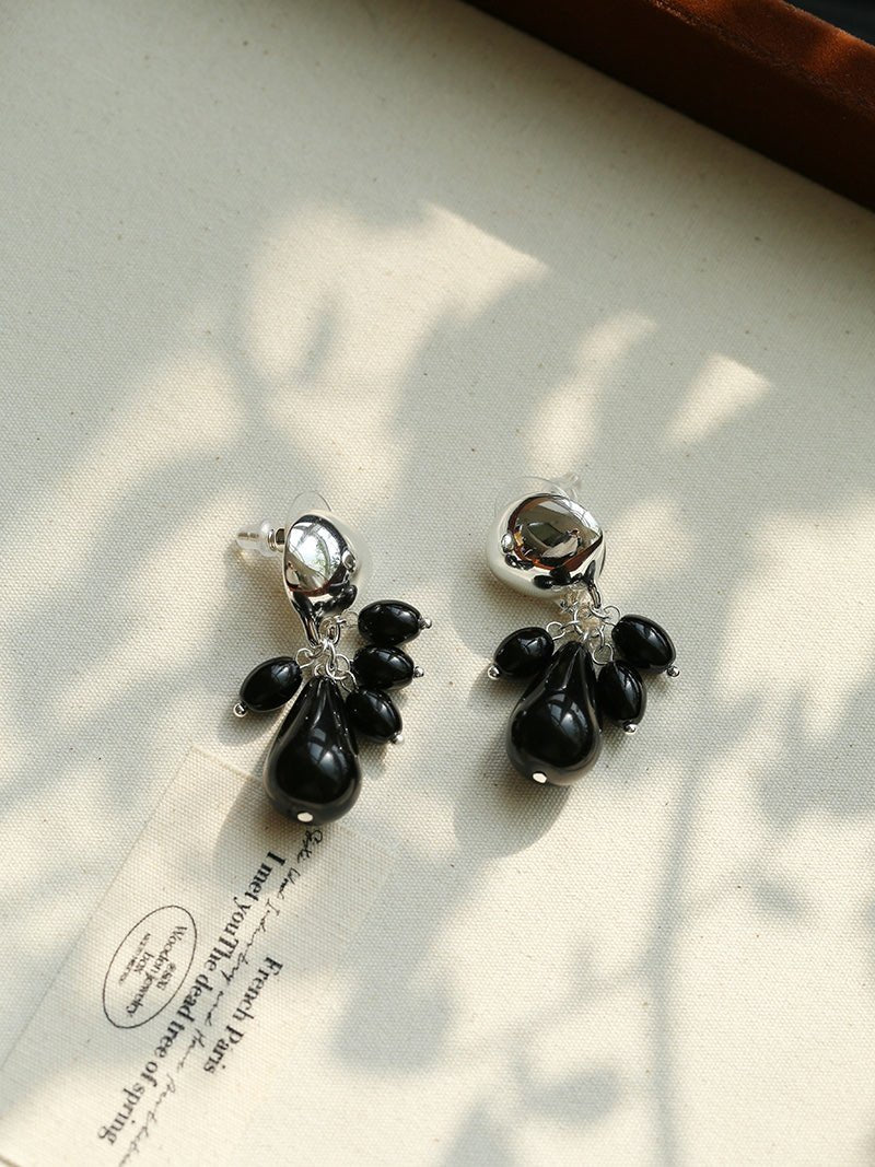 Black Onyx Beaded Tassel Earrings - Silver - floysun