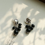 Black Onyx Beaded Tassel Earrings - Silver - floysun