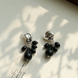 Black Onyx Beaded Tassel Earrings - Silver - floysun