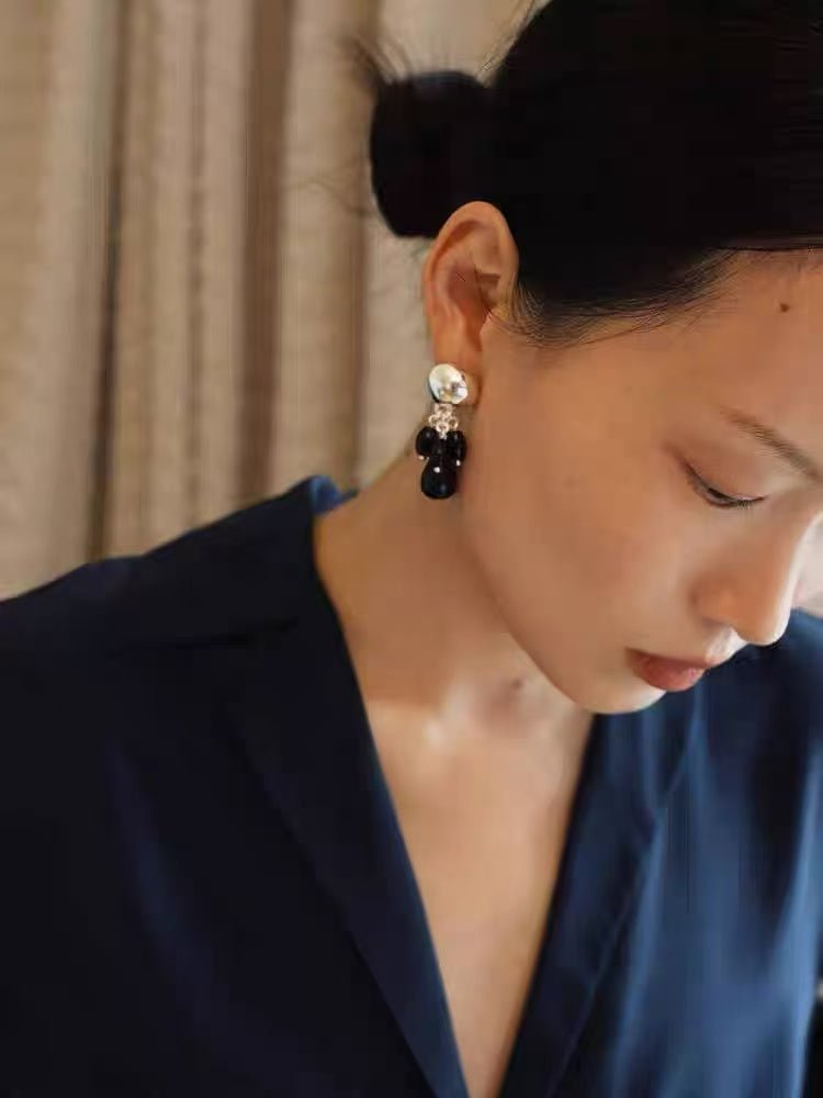 Black Onyx Beaded Tassel Earrings - Silver - floysun