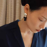 Black Onyx Beaded Tassel Earrings - Silver - floysun