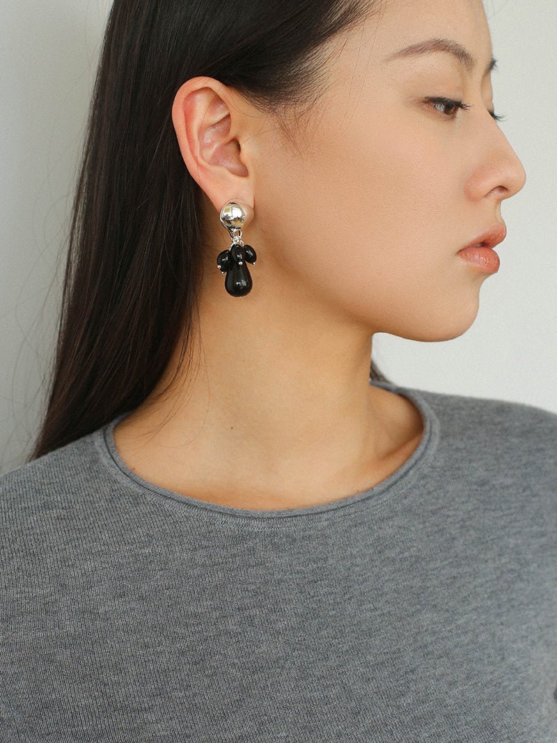 Black Onyx Beaded Tassel Earrings - Silver - floysun