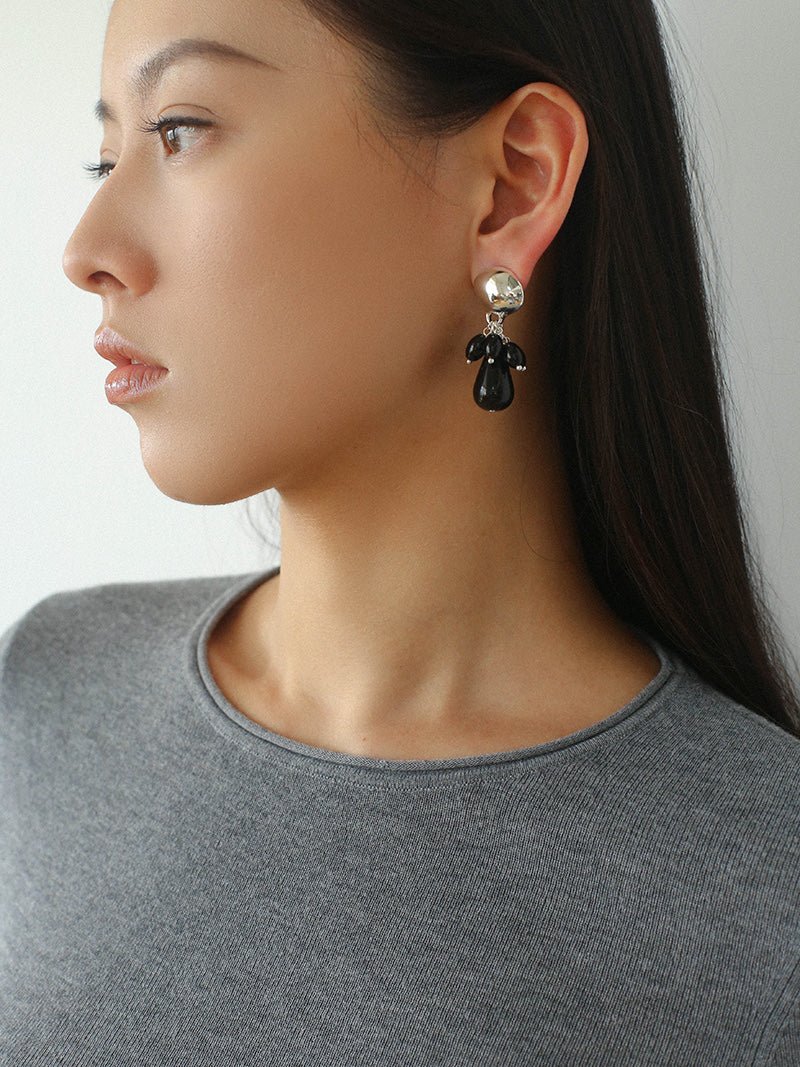 Black Onyx Beaded Tassel Earrings - Silver - floysun