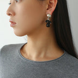 Black Onyx Beaded Tassel Earrings - Silver - floysun