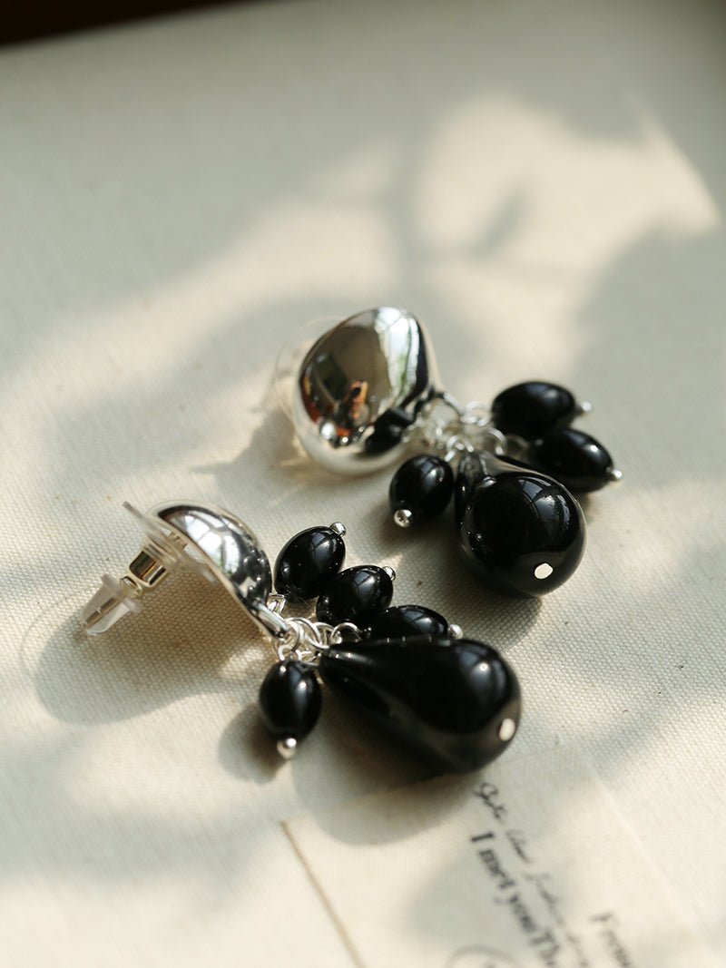 Black Onyx Beaded Tassel Earrings - Silver - floysun