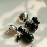 Black Onyx Beaded Tassel Earrings - Silver - floysun
