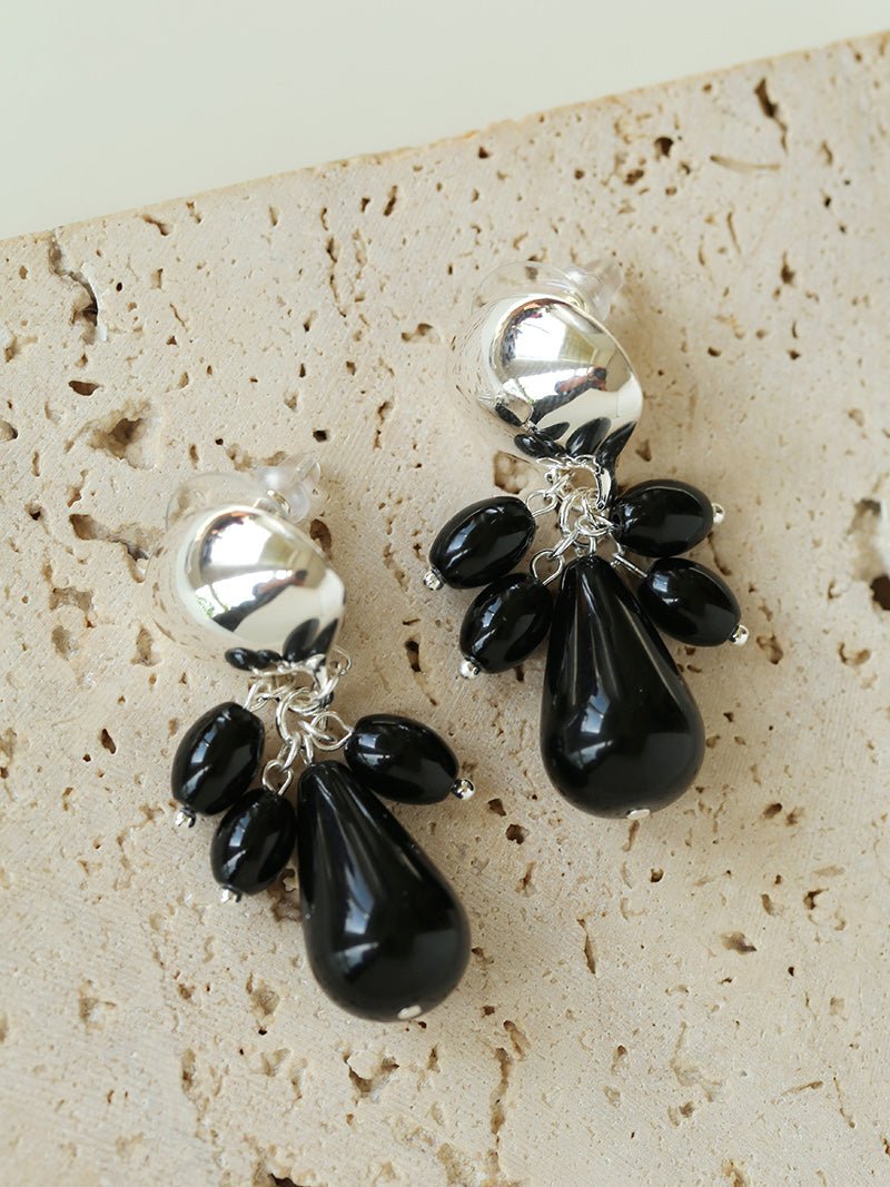 Black Onyx Beaded Tassel Earrings - Silver - floysun