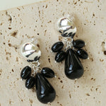 Black Onyx Beaded Tassel Earrings - Silver - floysun