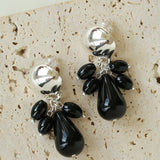 Black Onyx Beaded Tassel Earrings - Silver - floysun