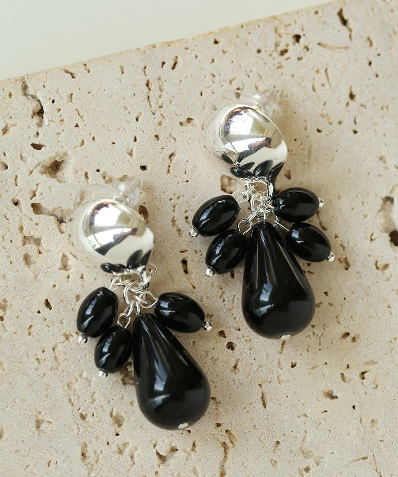 Black Onyx Beaded Tassel Earrings - Silver - floysun