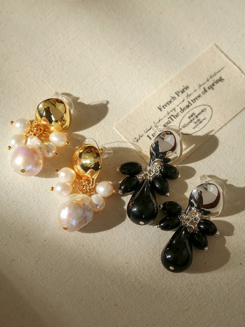 Black Onyx Beaded Tassel Earrings - Silver - floysun