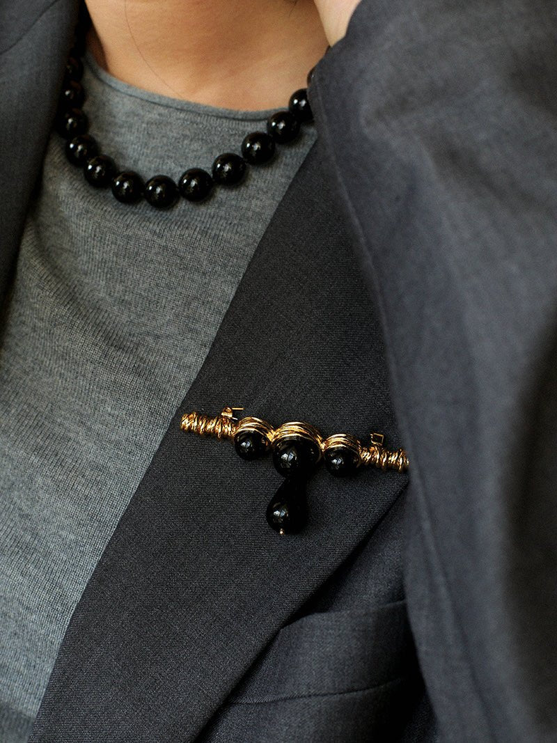 Black Onyx Brooch – Black & Gold Statement Design - floysun