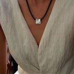Black Onyx Square Necklace with Silver Cubes - floysun