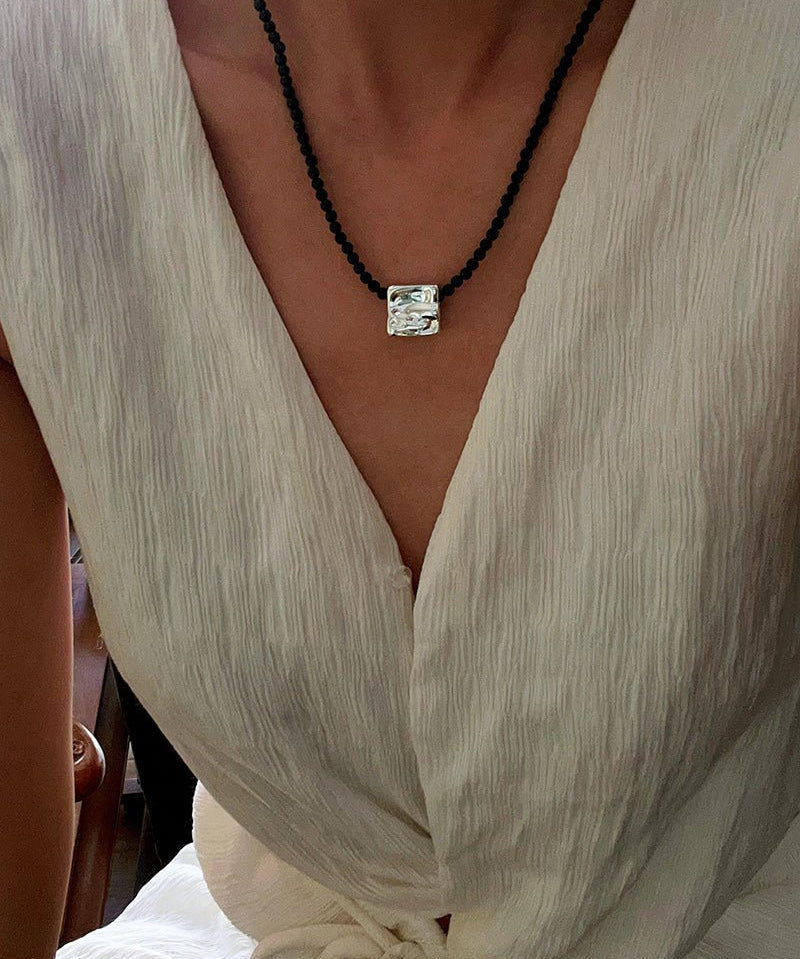 Black Onyx Square Necklace with Silver Cubes - floysun