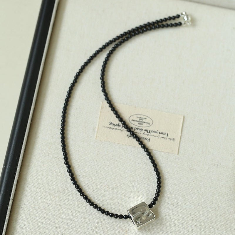 Black Onyx Square Necklace with Silver Cubes - floysun
