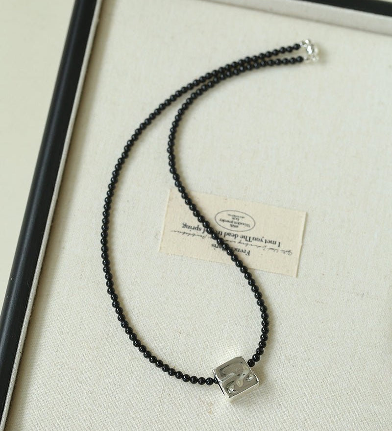 Black Onyx Square Necklace with Silver Cubes - floysun