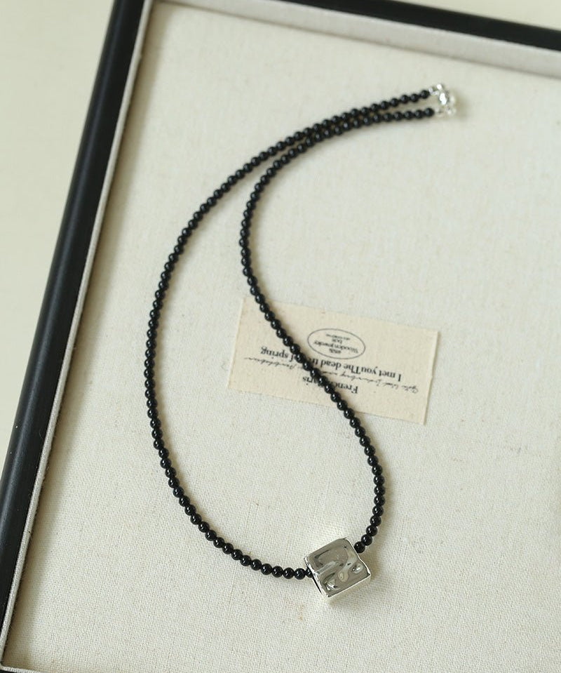 Black Onyx Square Necklace with Silver Cubes - floysun