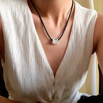 Black Onyx Square Necklace with Silver Cubes - floysun