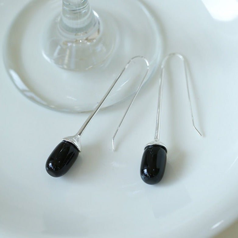Black Onyx Sterling Silver Ear Hooks Drop Earrings - floysun