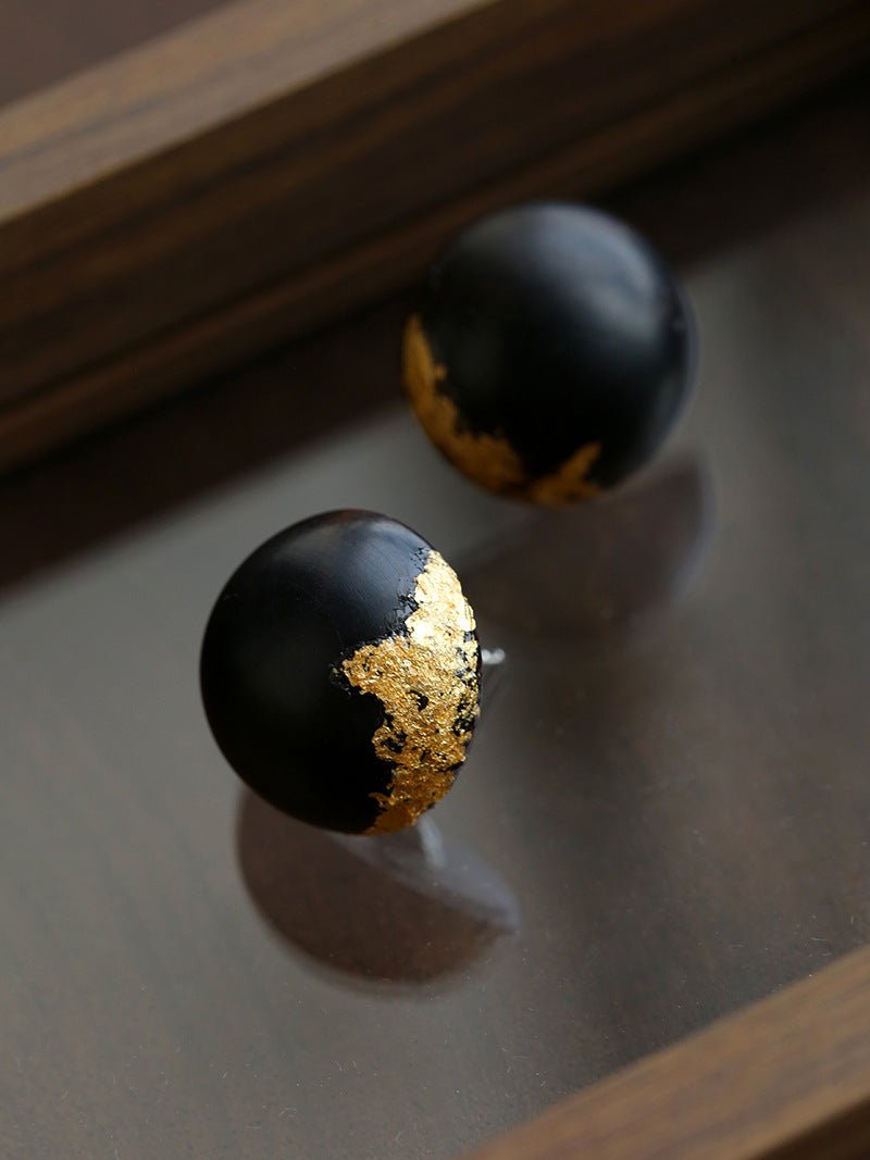 Black Sandalwood Gold Foil Ball Stud Earrings - floysun
