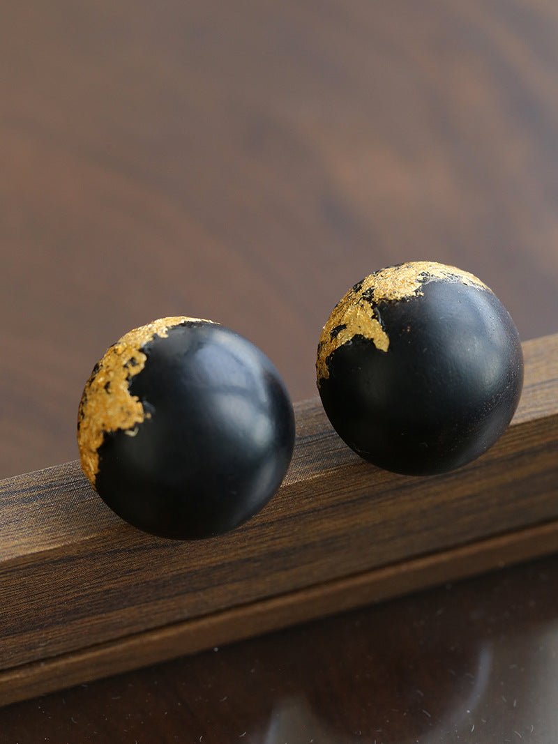 Black Sandalwood Gold Foil Ball Stud Earrings - floysun