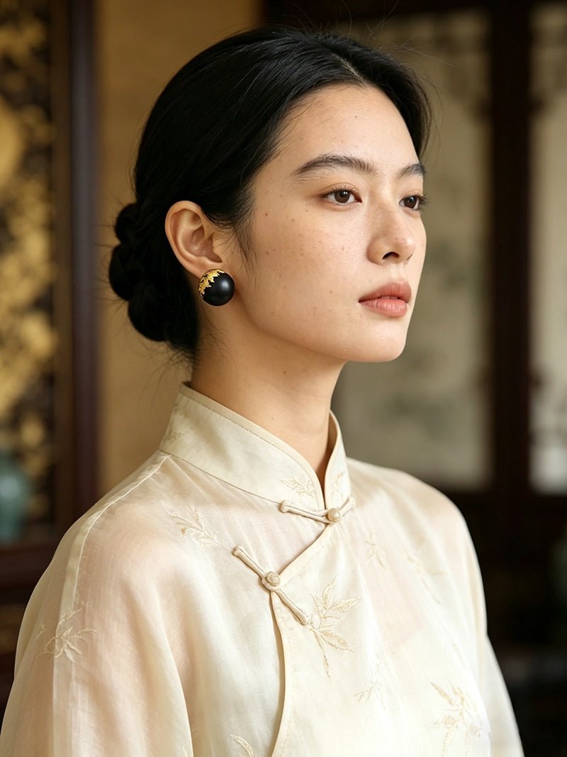 Black Sandalwood Gold Foil Ball Stud Earrings - floysun