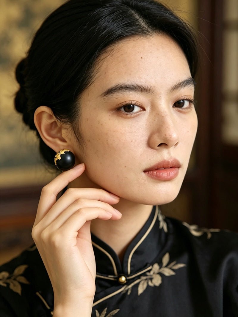 Black Sandalwood Gold Foil Ball Stud Earrings - floysun