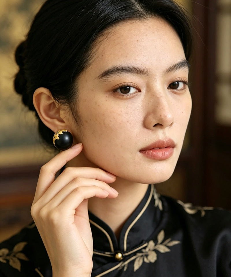 Black Sandalwood Gold Foil Ball Stud Earrings - floysun