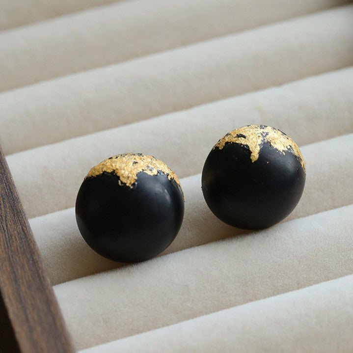 Black Sandalwood Gold Foil Ball Stud Earrings - floysun