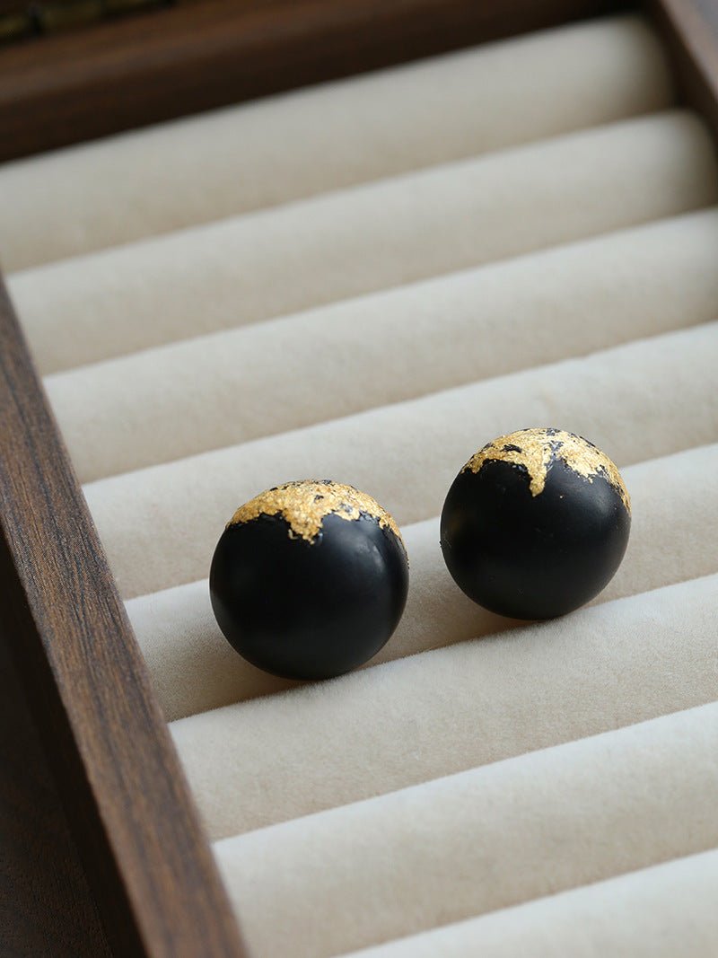Black Sandalwood Gold Foil Ball Stud Earrings - floysun